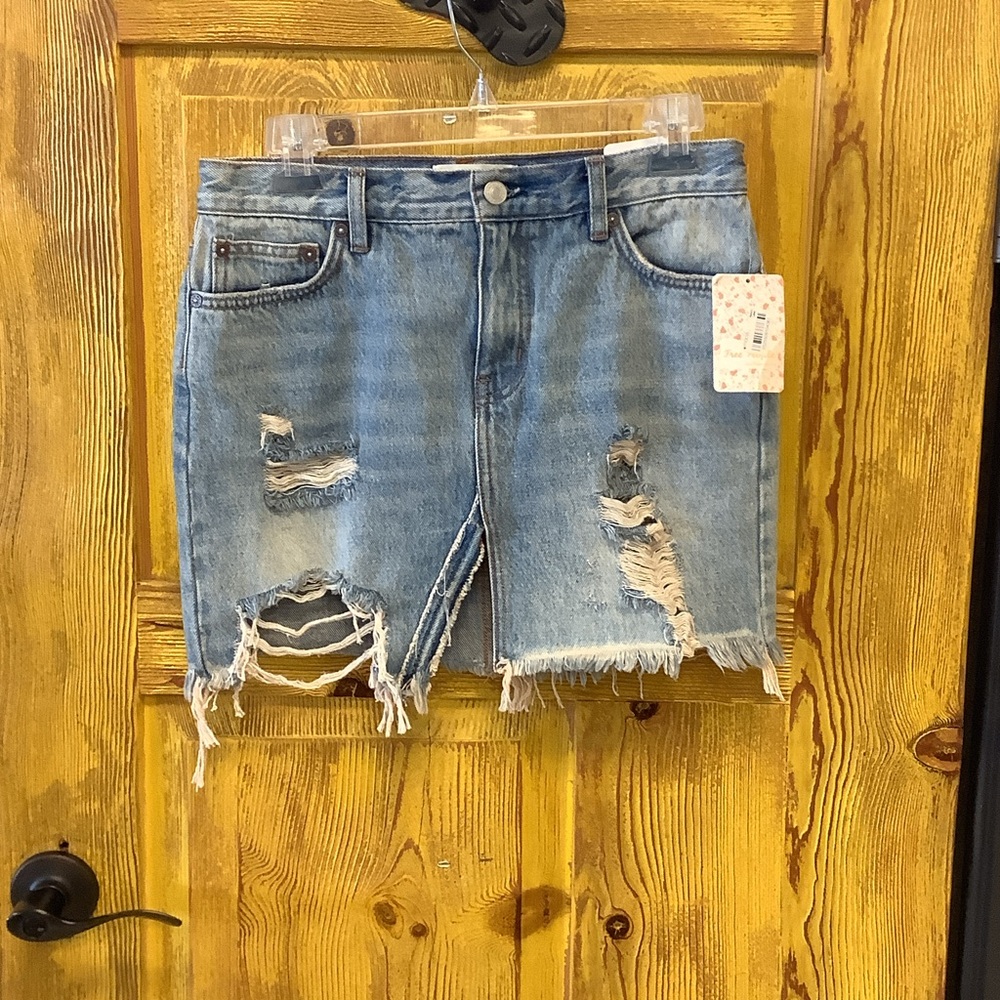 We The Free Ripped Blue Denim Mini Skirt